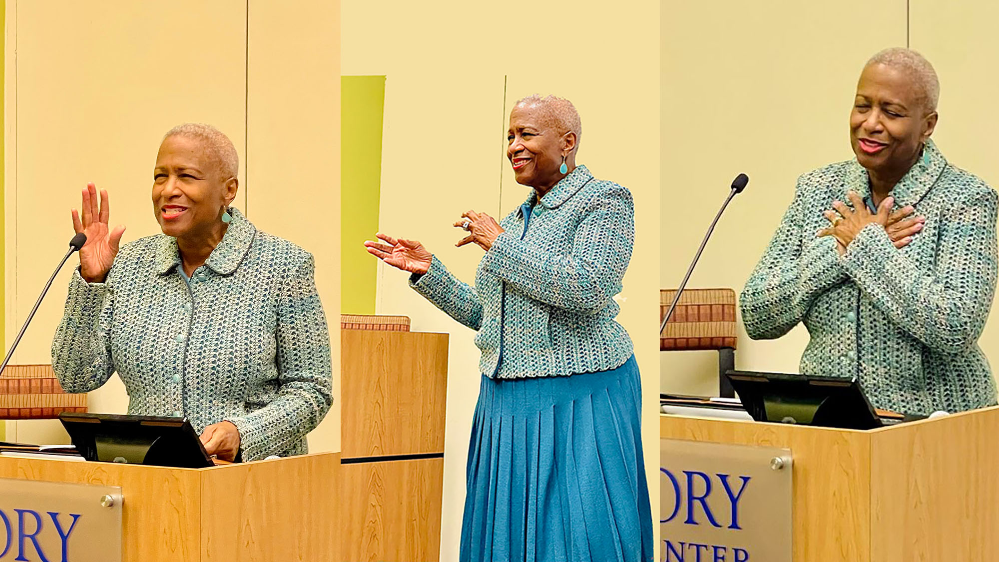 3 photos of Monica Kaufman-Pearson speaking 