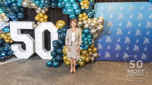 Dr. Susana Alfonso in front of balloons