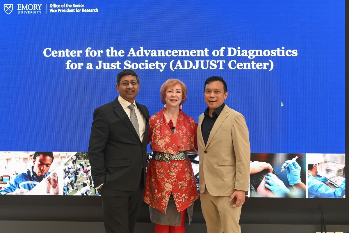 Emory's new center is the first of its kind to focus on ensuring advanced medical technologies are reaching the populations who need them most. Emory leaders (left to right): Emory Provost Ravi V. Bellamkonda, Senior Vice President for Research Deborah Bruner, and Wilbur Lam at the launch of the ADJUST Center.