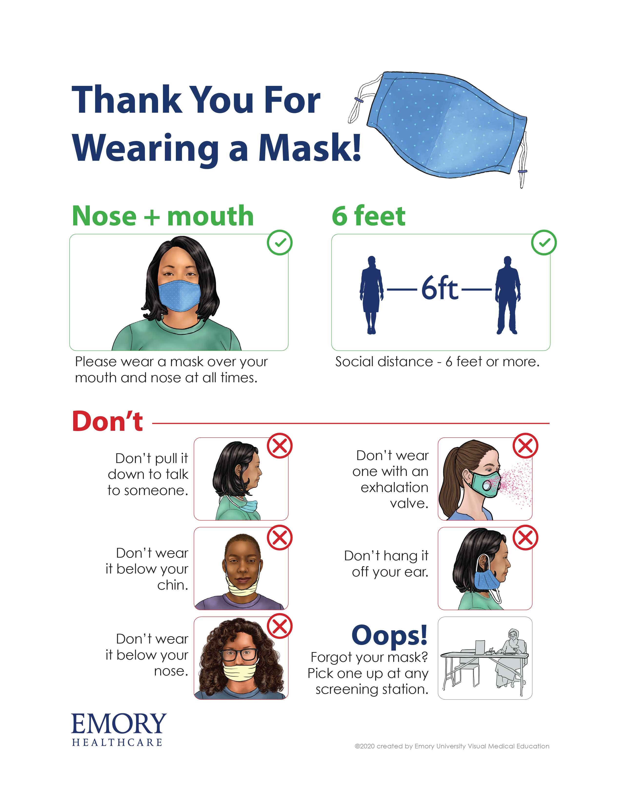 Thank You for Wearing a Mask: Illustrations to demonstrate the proper and improper use of a mask when visiting Emory locations.