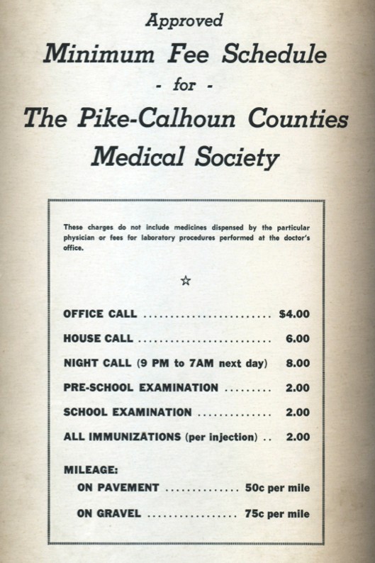 minimum fee schedule for the Pike-Calhoun counties medical service. Office call $4. House call $6. Night call (9 pm to 7 am next day) $8. Pre-school examination $2. School examination $2. All immunizations (per injection) $2. Mileage: on pavement $.5