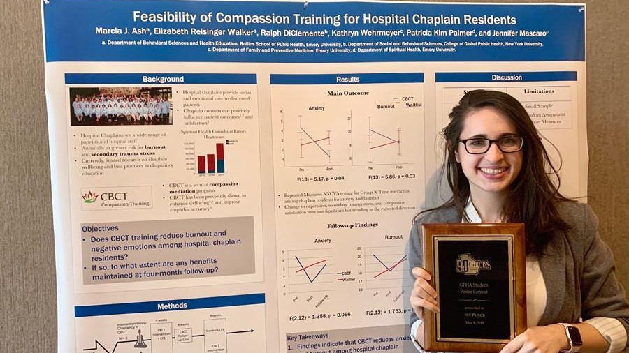 shared that her Rollins School of Public Health graduate student, Marcia Ash, won 1st place for best student poster at the Georgia Public Health meetings. Ms. Ash (pictured below) presented the Laboratory for Lifestyle Medicine's work with compassion