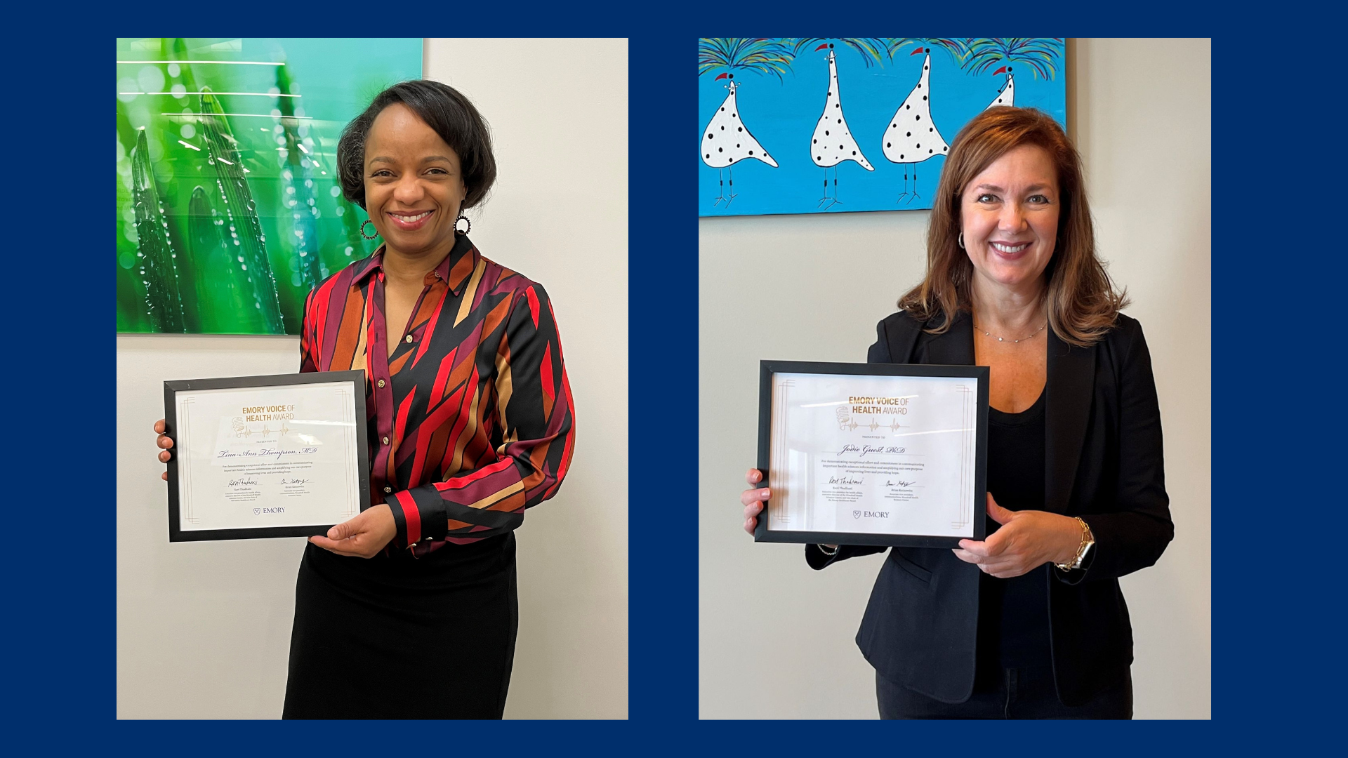 Dr. Tina-Ann Thompson and Dr. Jodie Guest holding their 2025 Emory Voice of Health Awards