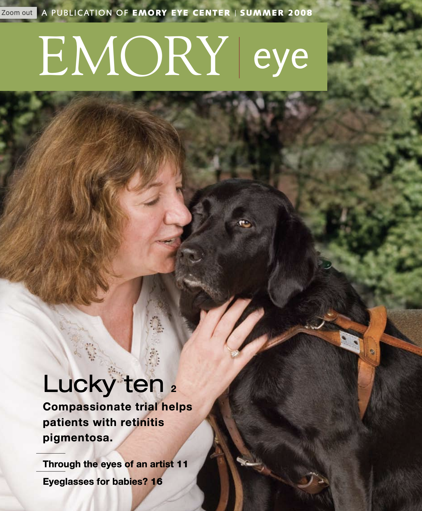 magazine cover: a woman with her face up against a sweet little guide dog with the words "Lucky Ten"