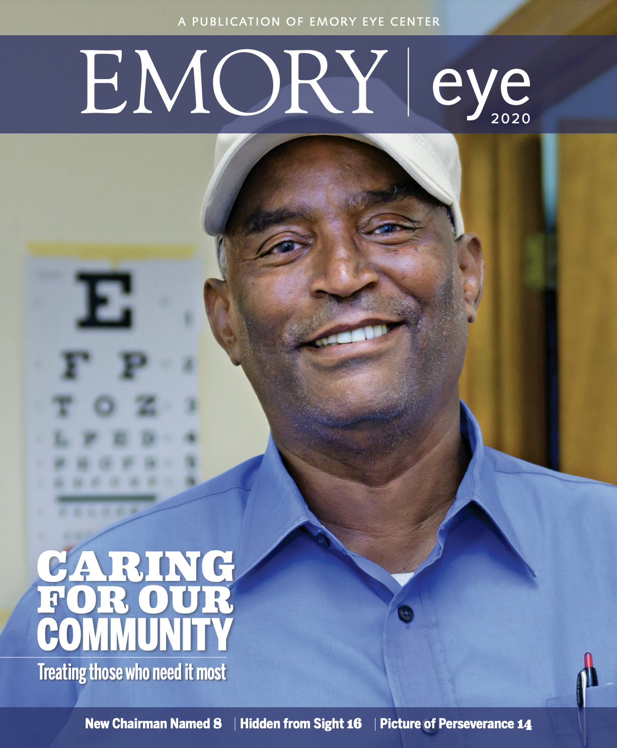 2020 Emory Magazine, entitled Caring for Our Community - with photo of man in a ballcap