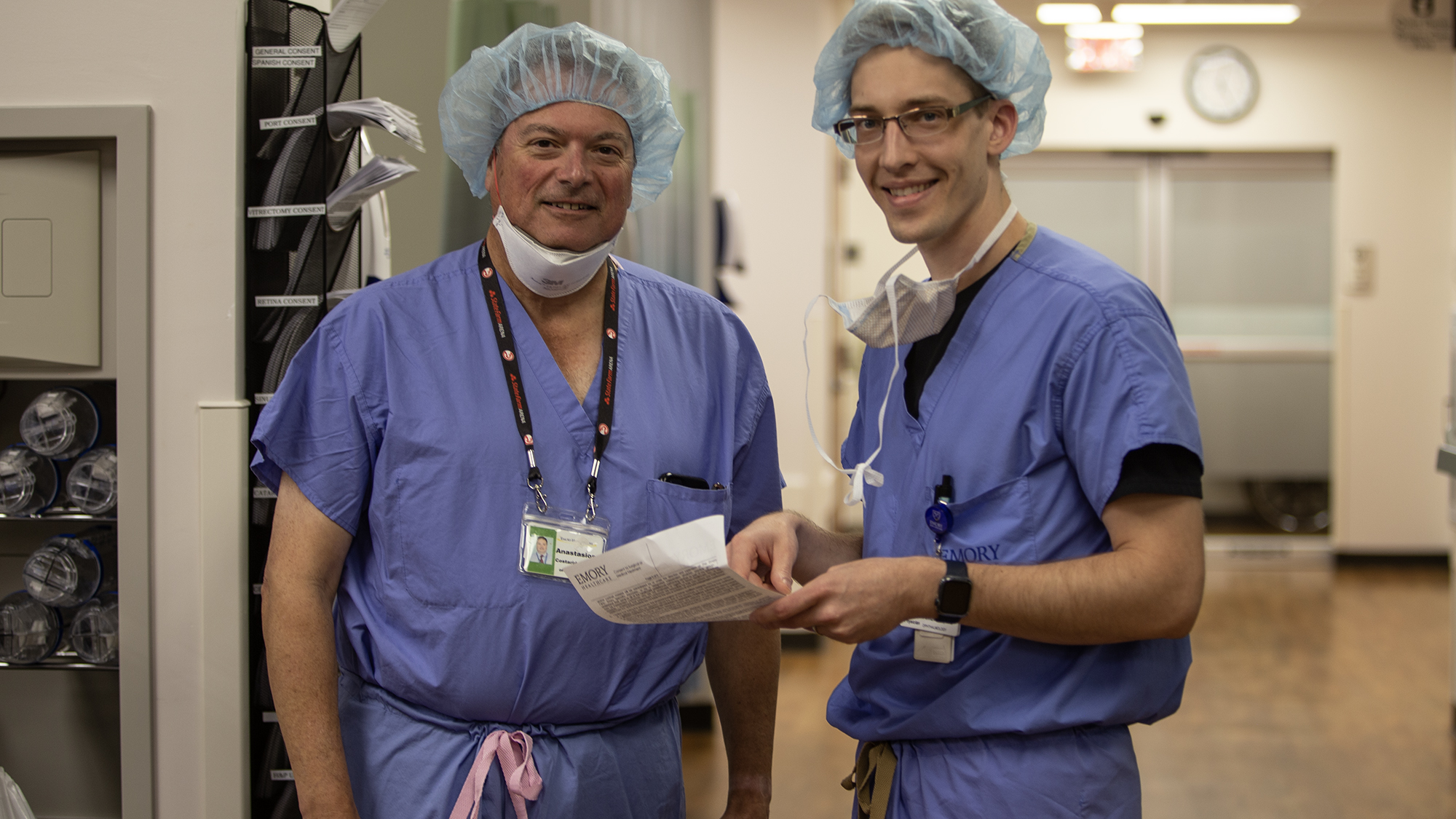 Dr. Anastasios Costarides and former Emory glaucoma fellow, Dr. Stephen Ambrose, in their surgical scrubs