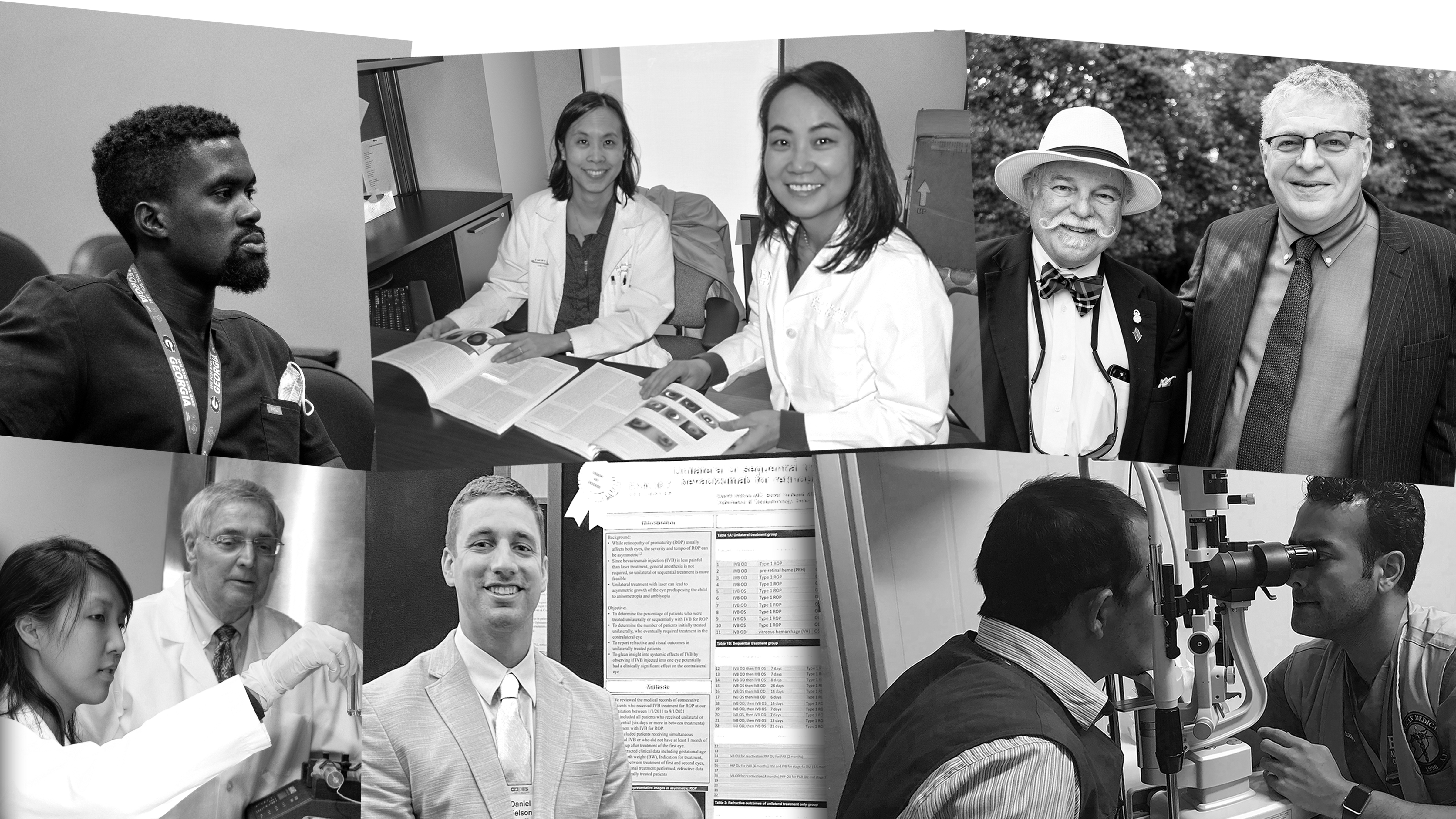 a collage of black and white photos depicting students, patients, physicians,