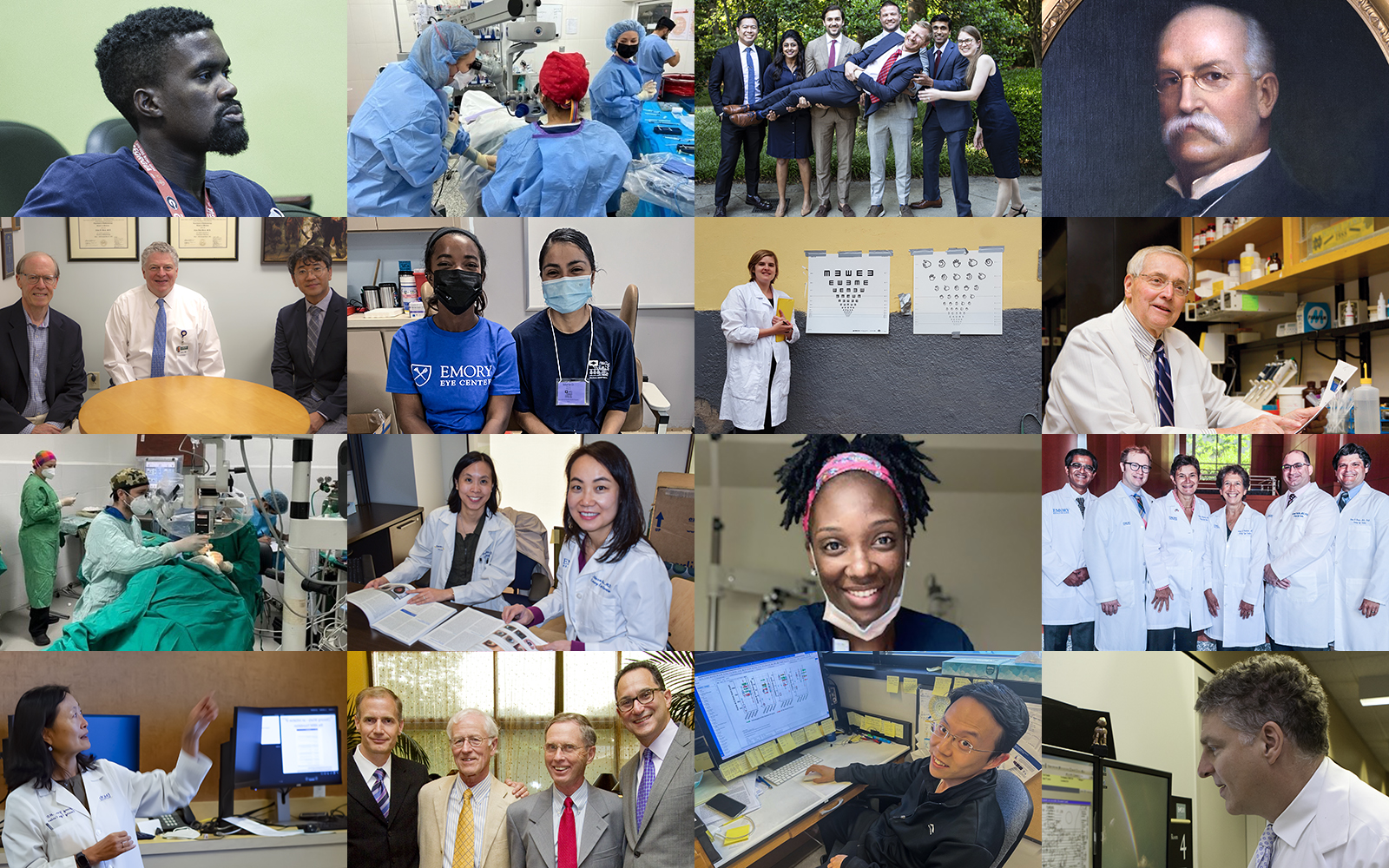16-photo collage of researchers, students, faculty, administrators, and supporters of Emory Eye Center