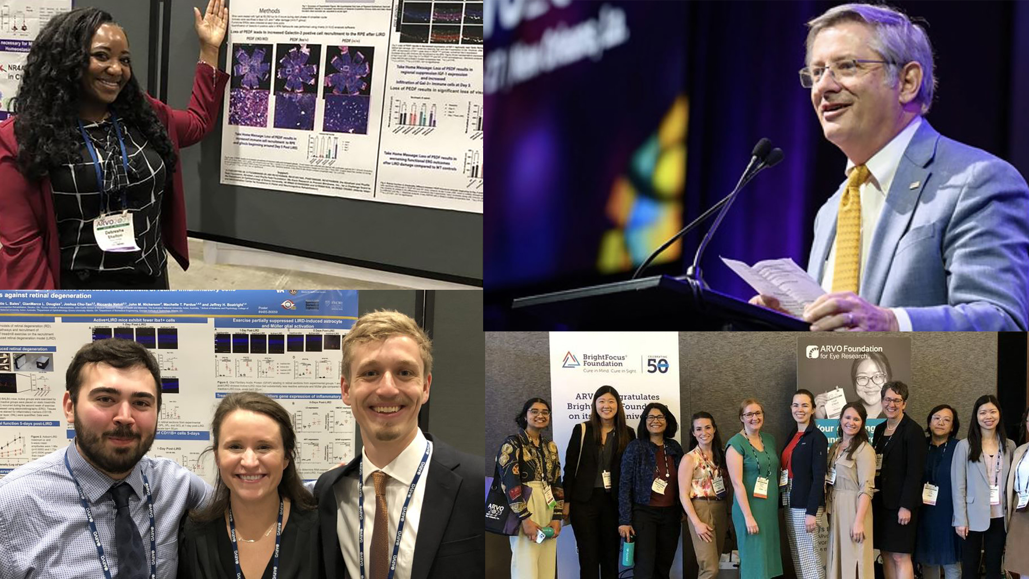 A Collage - Clockwise from left: Debresha Shelton presenting her research, Hans Grossniklaus addressing his colleagues, the  Women of Eye And Vision Research (WEAVR) at ARVO, and Haupt, Katie Bales, and StephenPhillips taking a break from their presentations at ARVO.