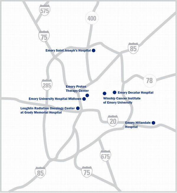 Map with Winship radiation oncology locations in Atlanta metro area.