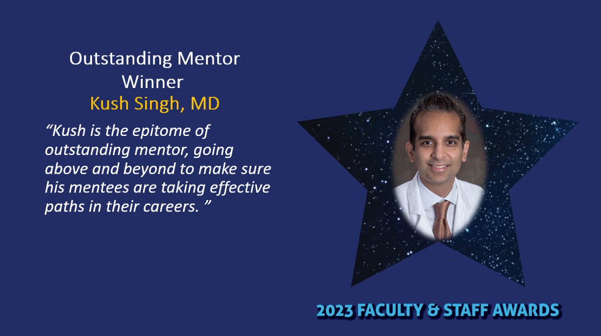 graphic with smiling person and words outstanding mentor faculty award