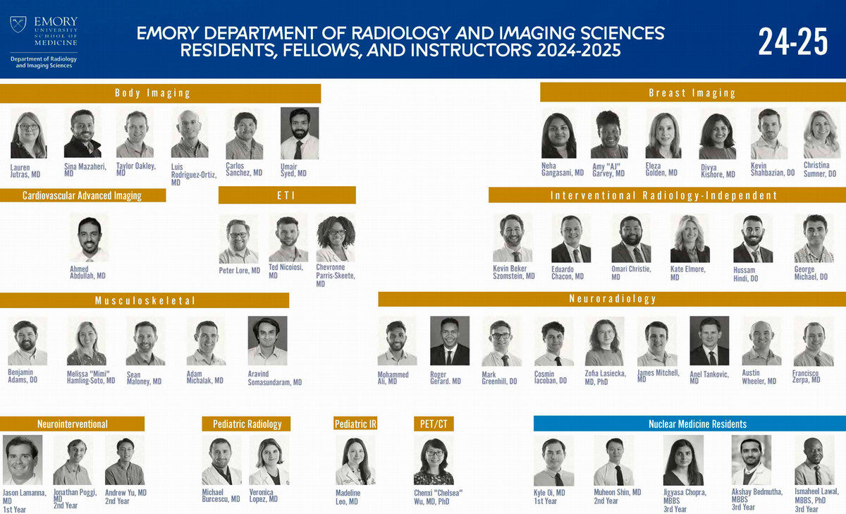 wide sheet that says residents, fellows and instructors 2024-2025 with the headshots of each person download the PDF to hear the whole image