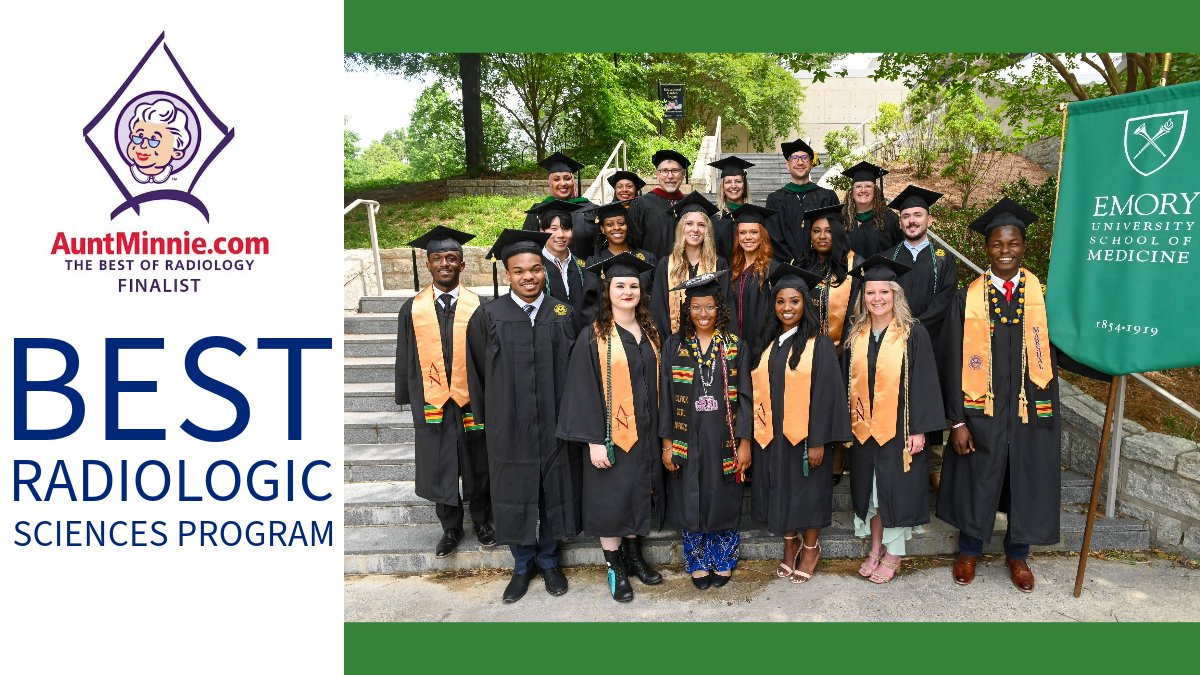 people standing in three rows wearing black graduation caps and gowns and the words Minnies 2023 Finalist Best Radiologic Sciences Program