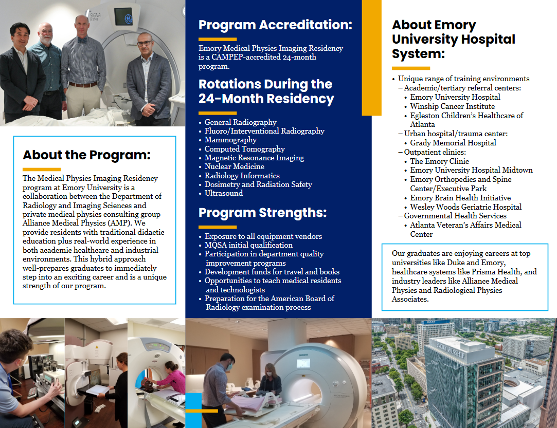picture of three panels of a trifold brochure about the Emory Medical Physics Residency Program