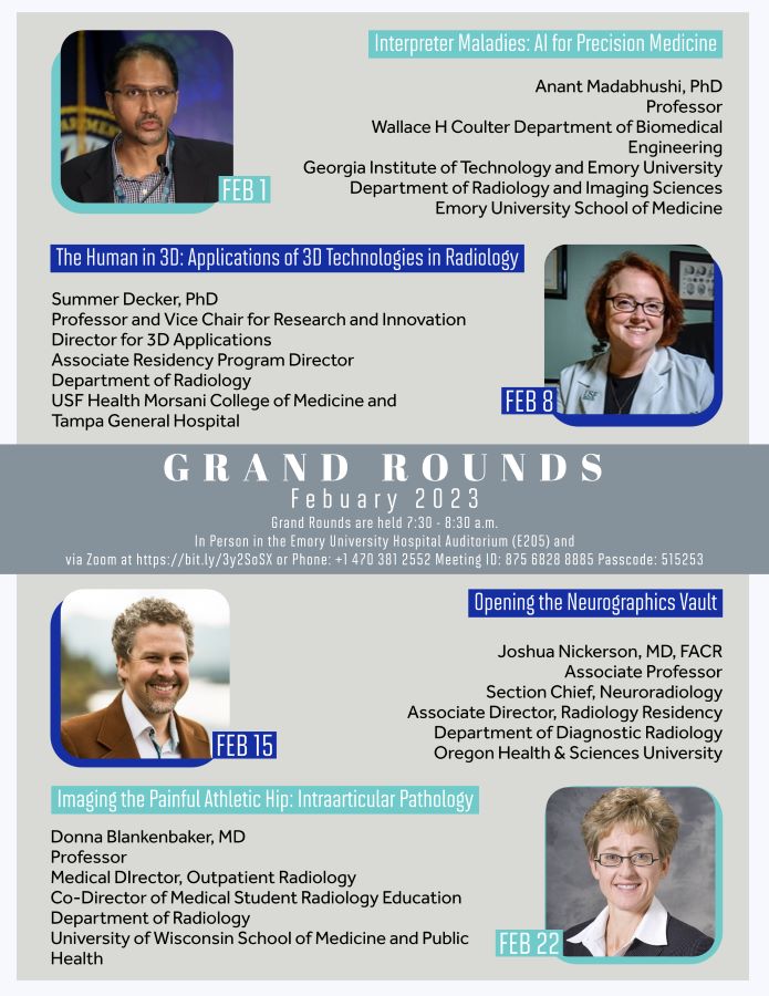 flyer with photos of two men and two women who are giving talks related to radiology during february for grand rounds