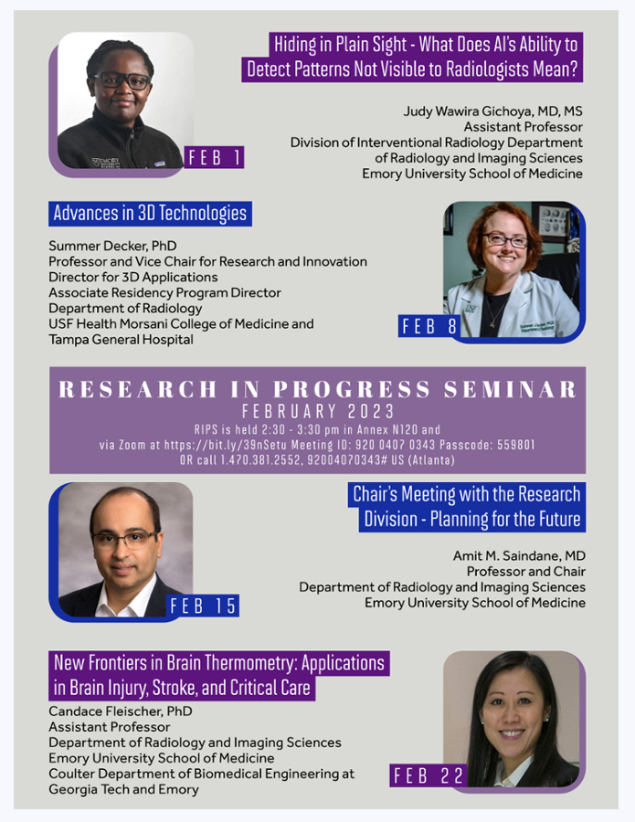 flyer with photos of three women and one man who are giving talks about radiology research during february for research in progress seminars