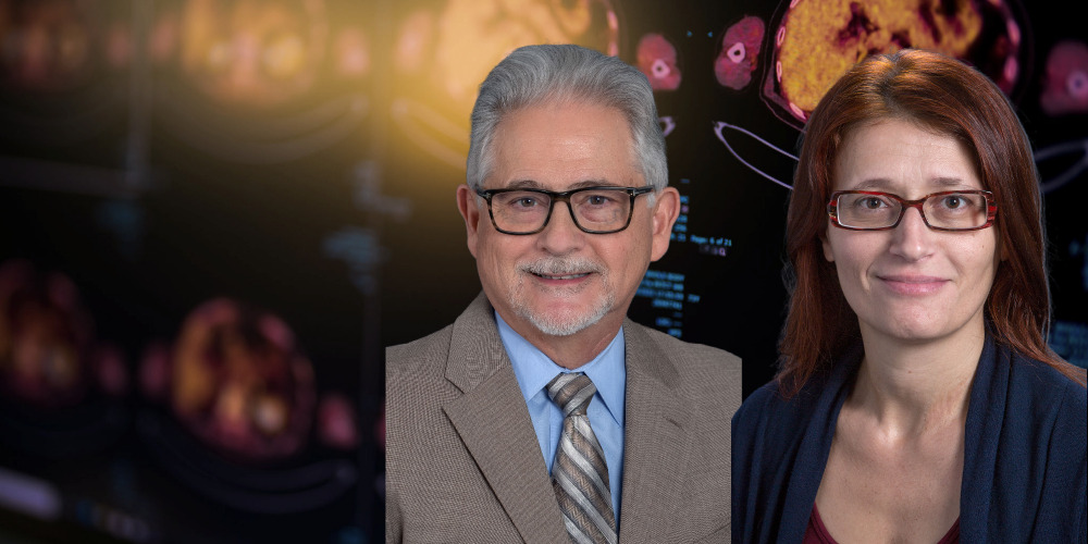 two scientist faces with nuclear cardiology image behind them