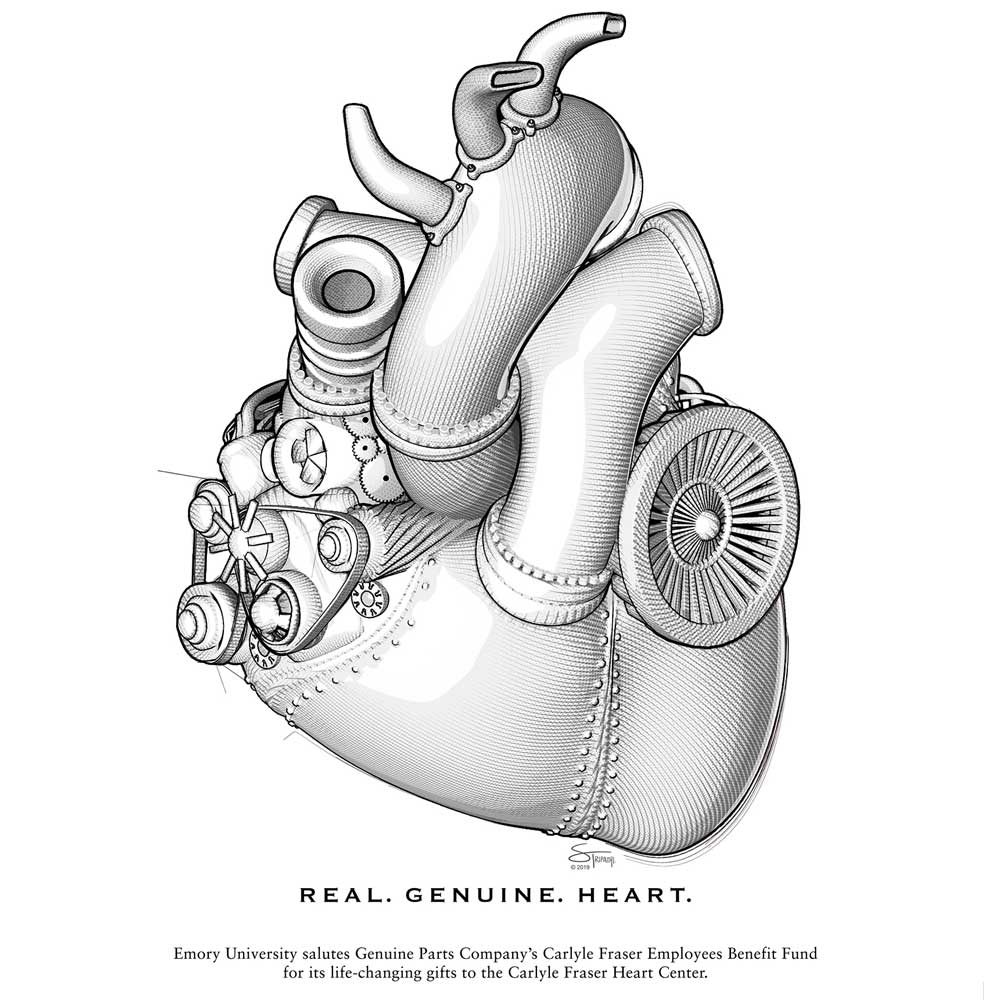 Satyen Tripathi's award-winning illustration commemorating a series of philanthropic gifts from Genuine Parts Company (GPC) to the Carlyle Fraser Heart Center of Emory University.