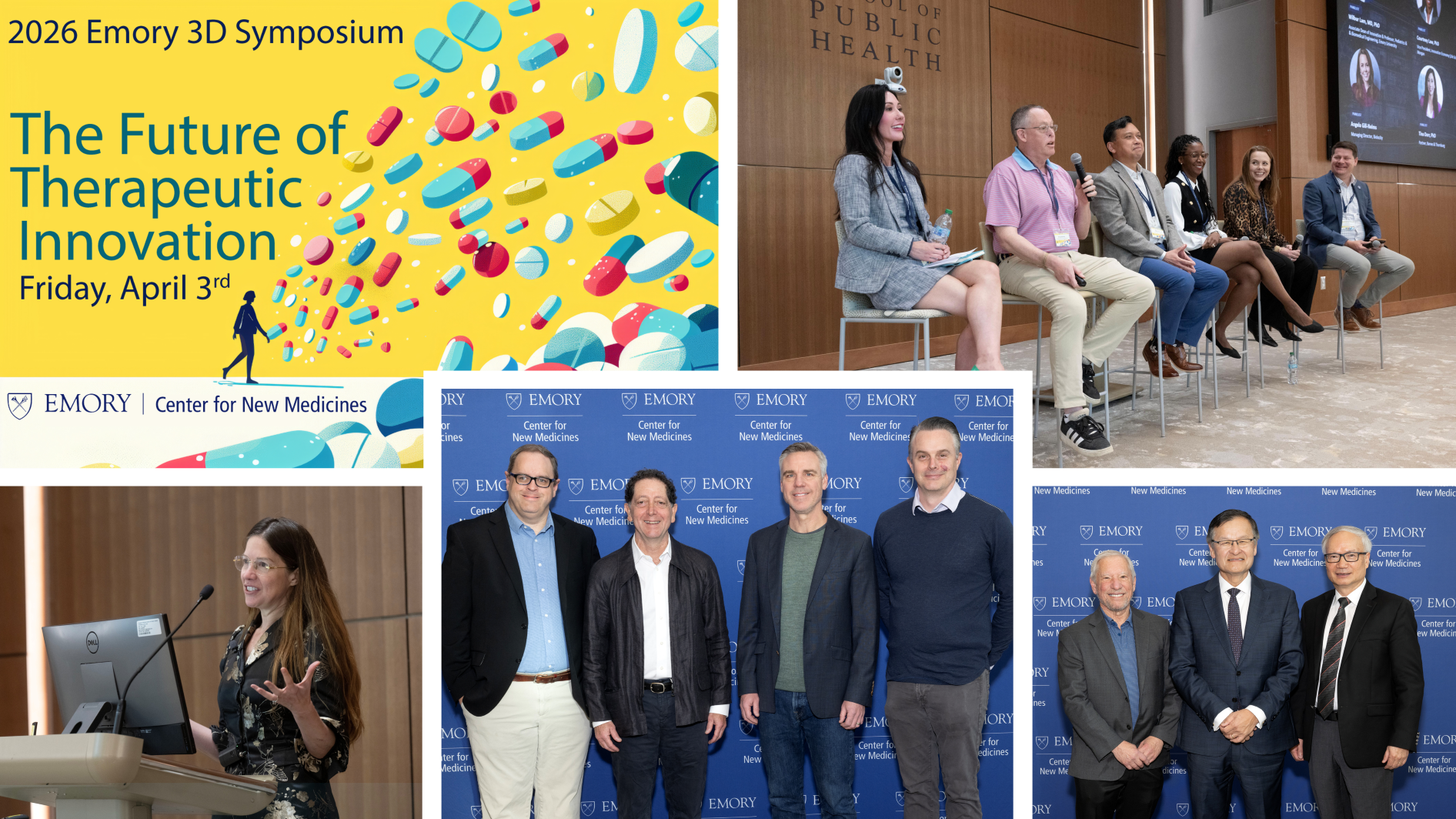 Collage of images from 2026 Emory 3D Symposium, including event logo, groups photos of invited speakers, distinguished guests, and panelists.