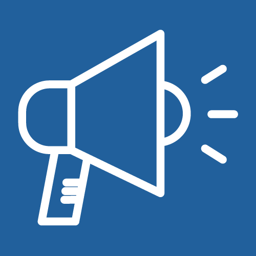 Icon of a megaphone with sound lines, on a solid blue background.