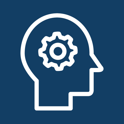 Icon of a human head with a gear inside, representing thinking or mental processes, on a blue background.