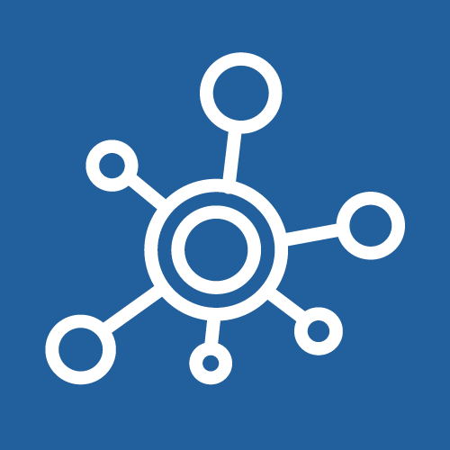 Simple network icon with interconnected nodes on a blue background.