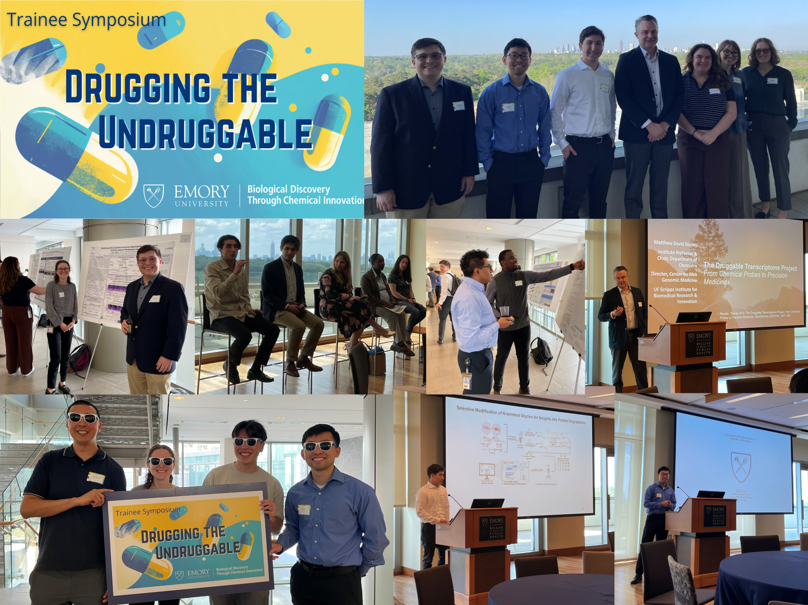Trainee Symposium titled "Drugging the Undruggable" at Emory University featuring presentations, posters, and group discussions on chemical innovation.