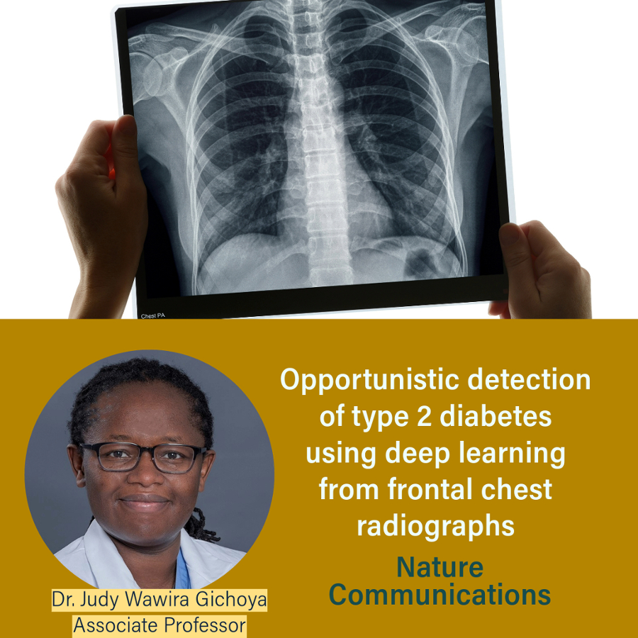 picture of chest x-ray in a graphic with a person's face below it and the words Opportunistic detection of type 2 diabetes using deep learning from frontal chest radiographs