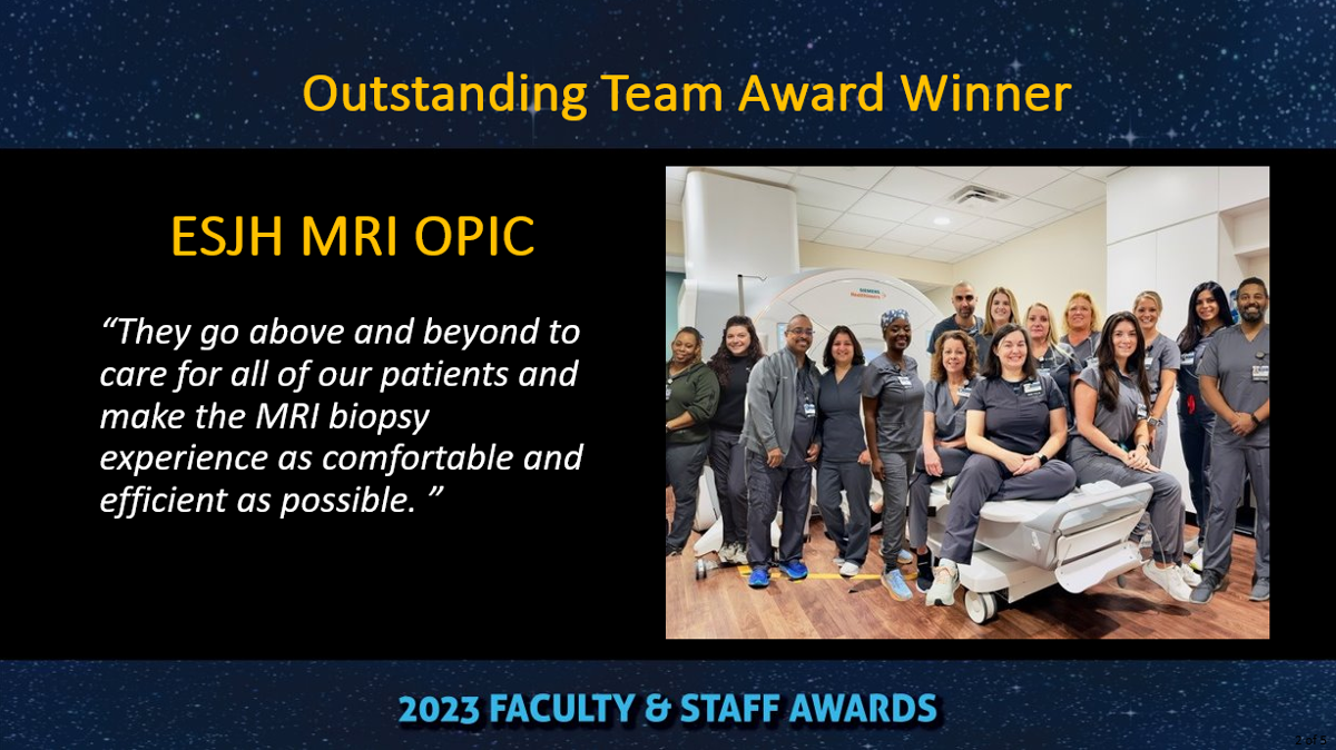 graphic of large group of people smiling and wearing grey scrubs and the graphic says outstanding team award winner