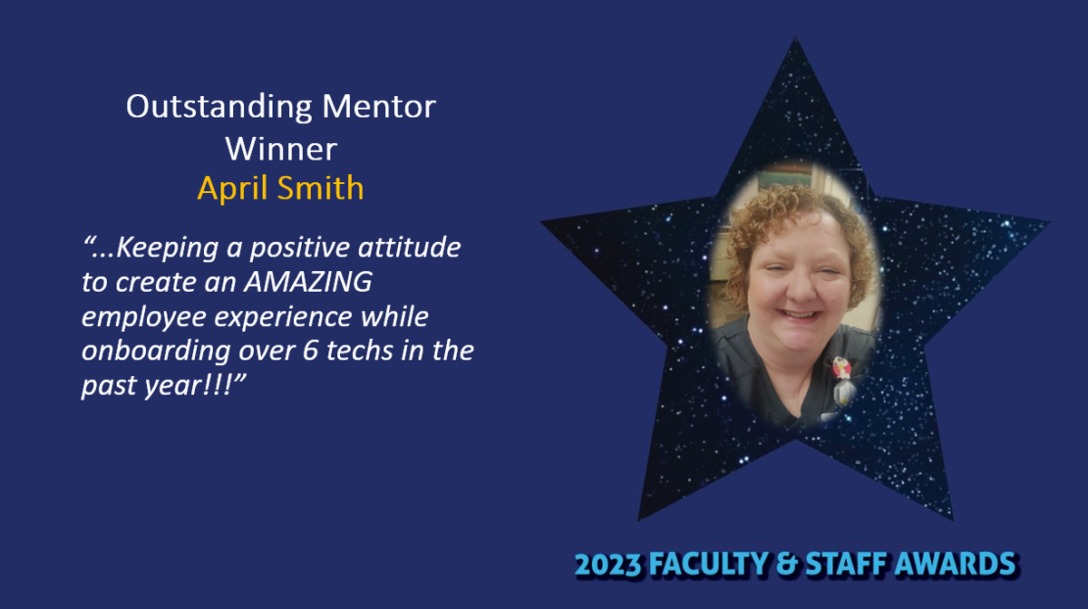 graphic with smiling person and words Outstanding Mentor Award Winner April Smith 