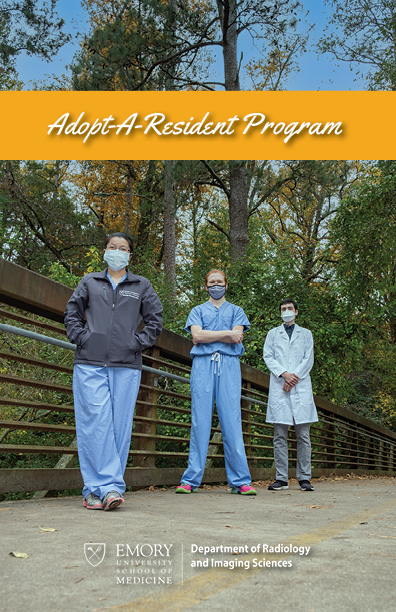 three people standing on a foot bridge in the woods wearing surgical masks and scrubs with the words Adopt-A-Resident Program on the top