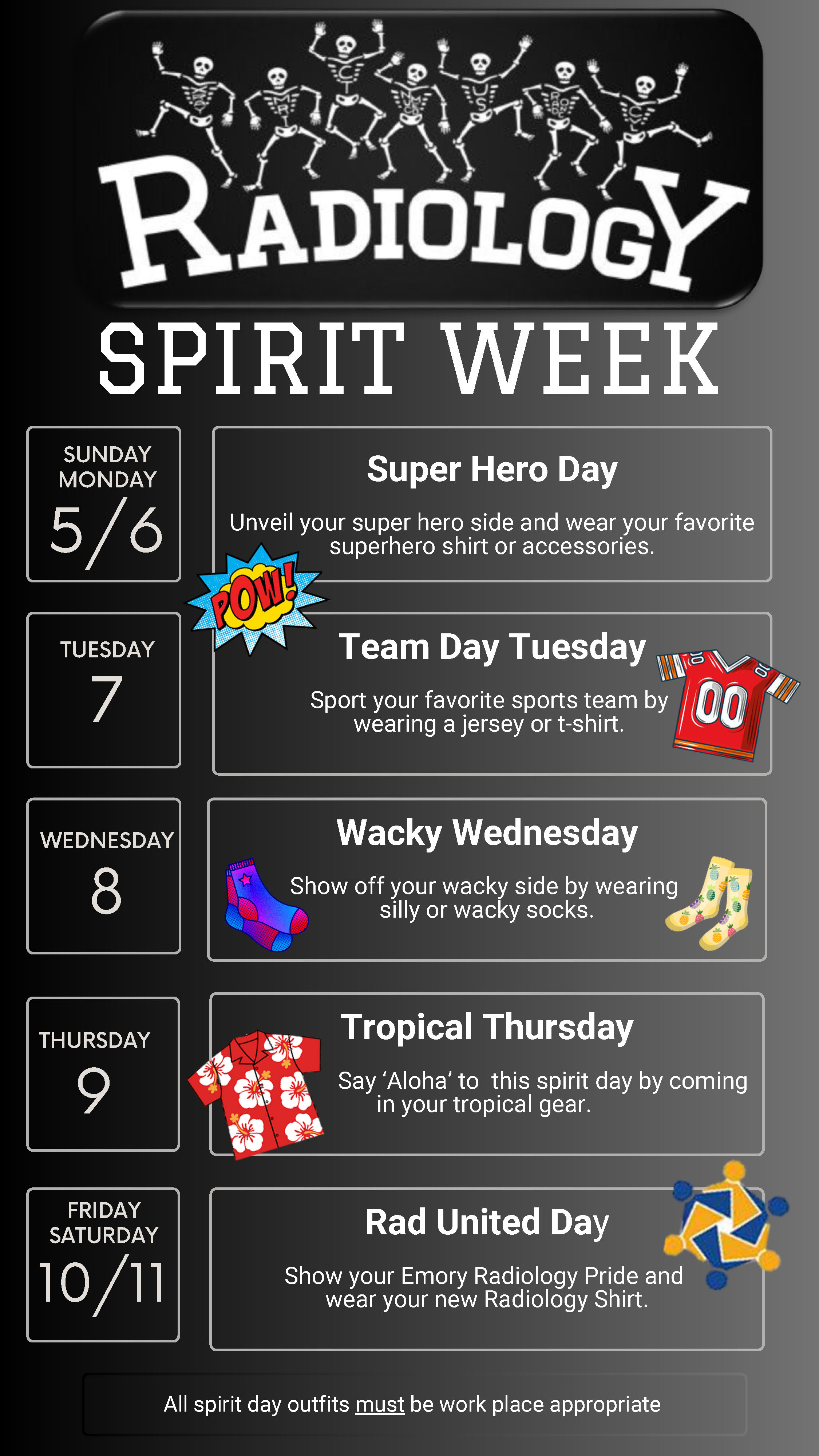 flyer listing the theme of each day of Radiology Spirit Week