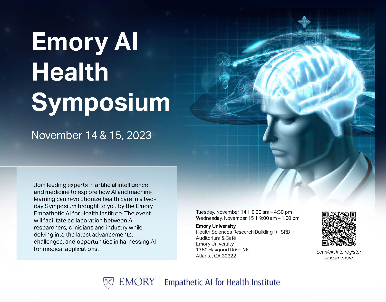 Flyer for Emory AI Health Symposium November 14 and 15 with picture of head and brain
